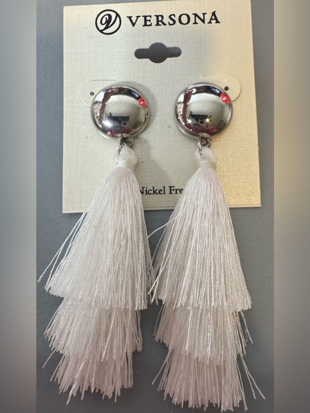 Versona Silver-Top Cream Tiered Tassel Earrings boho summer statement